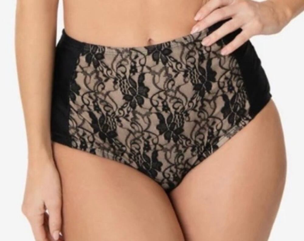 Unique Vintage Black and Nude Lace High Waist Retro Bikini Bottom S NWOT